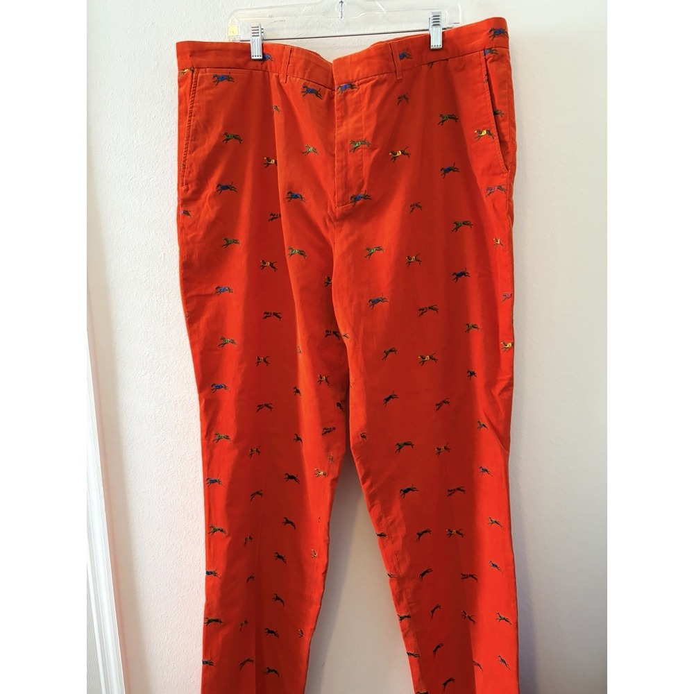 Lilly Pulitzer Men Chino Pants Orange Embroidered Greyhound Racing Dogs Size 42